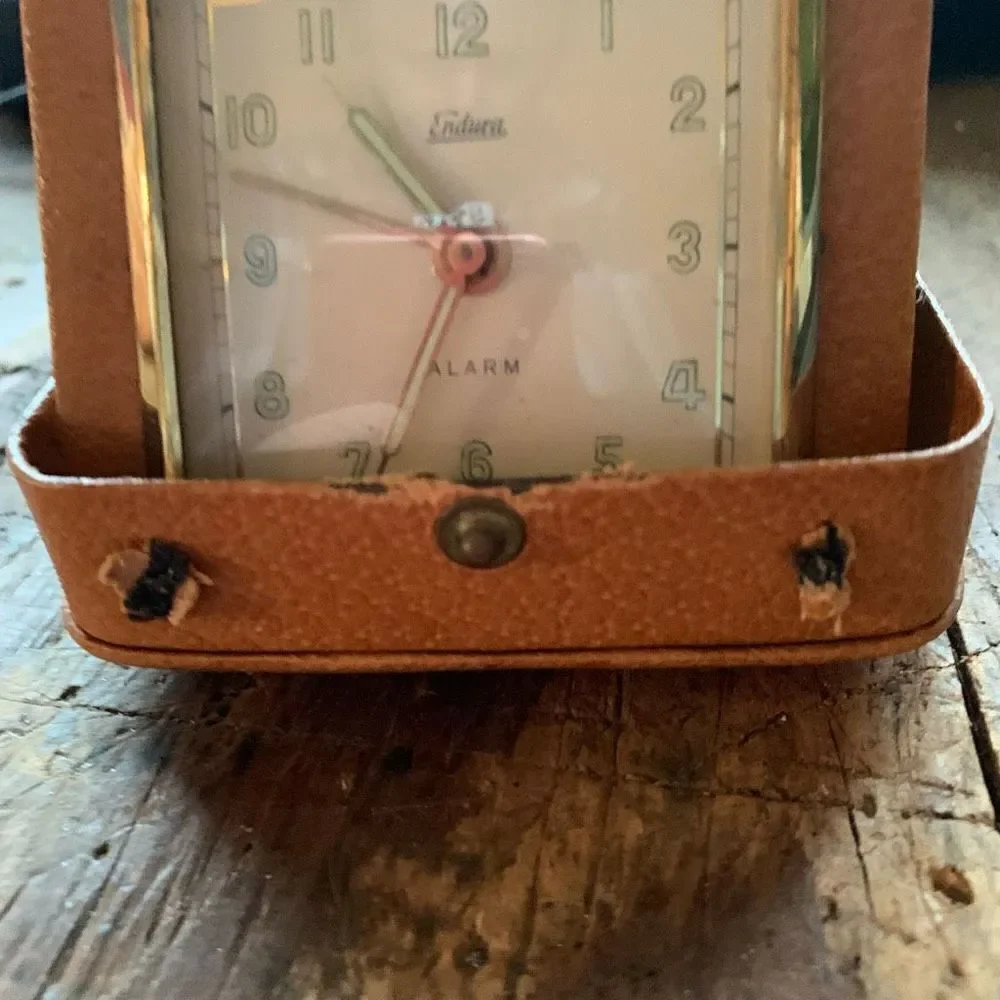 Vintage Endura German Folding Leather Luggage Travel Clock-Not Working